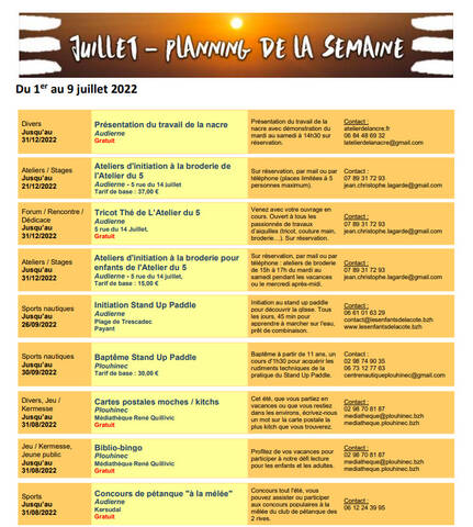Planning du 1er au 9 juillet 2022 Planning du 1er au 9 juillet 2022